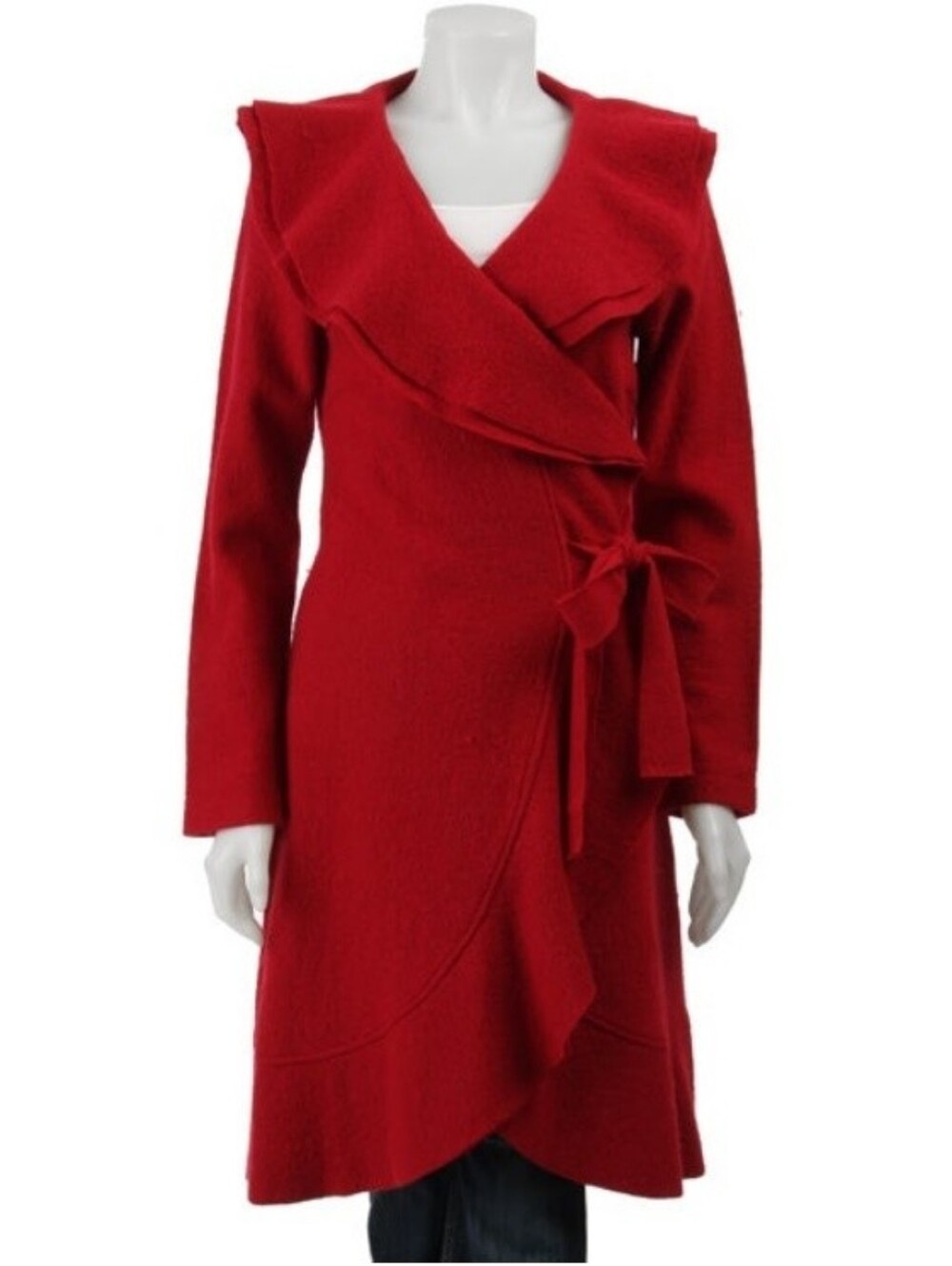 BNWT - Katherine Barclay (Size S) Women's Red Ruffle Front Wrap Wool Trench Coat